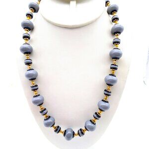 Vintage Gray and Black Beaded Lucite Necklace with Gold Tone Spacers and Filigre